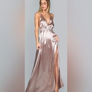 Rose/pink satin floor length halter dress, fits like a size 4